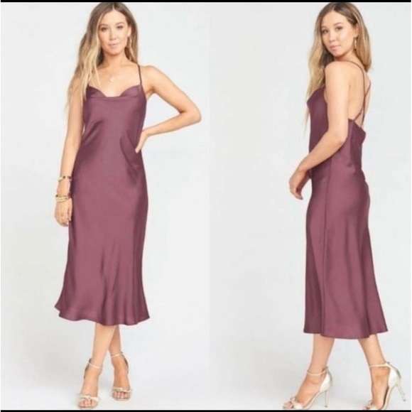 Show‎ Me Your Mumu Dress L Verona Cowl Dusty Plum Luxe Satin Midi NEW - Picture 1 of 9